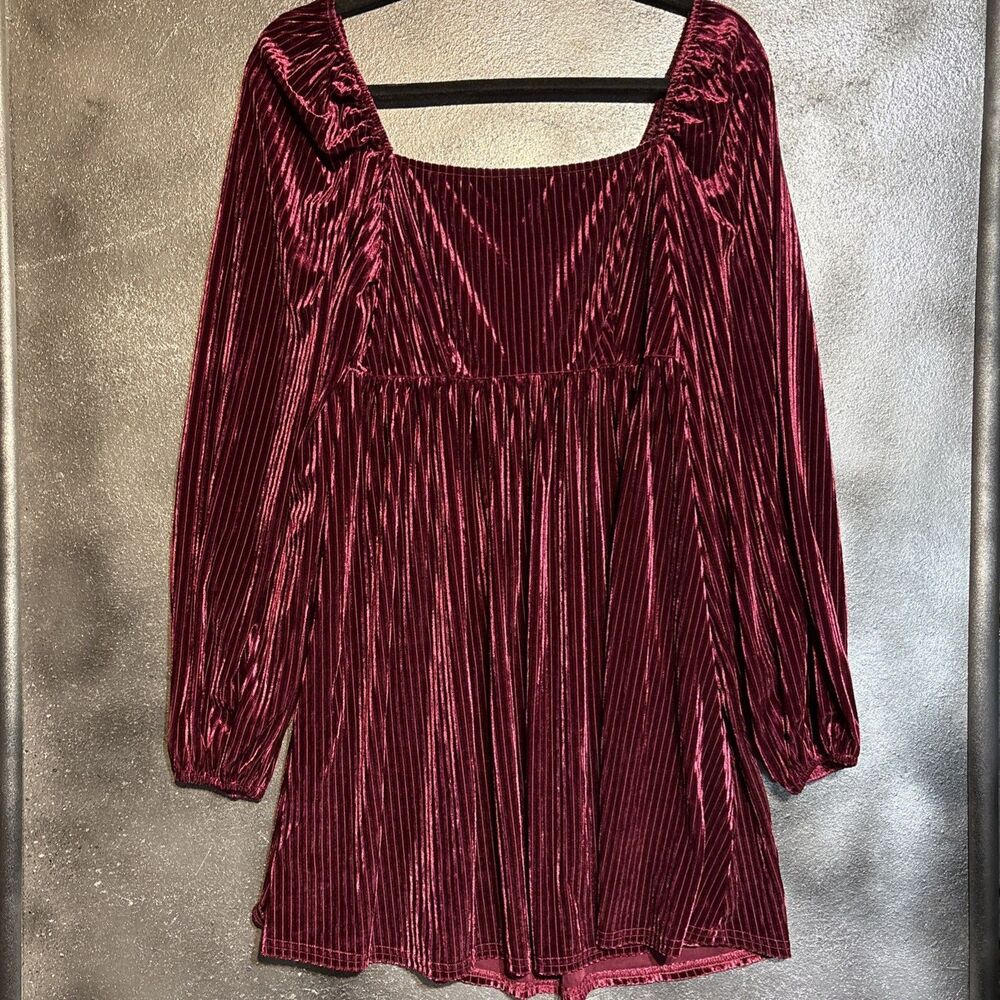 AUGUST SKY Burgundy Velvet Striped Square Neck Puff Long Sleeve Mini Dress M